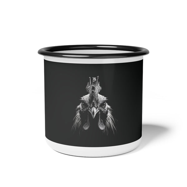 Black enamel camp mug with rooster graphic and black rim, white base and sides