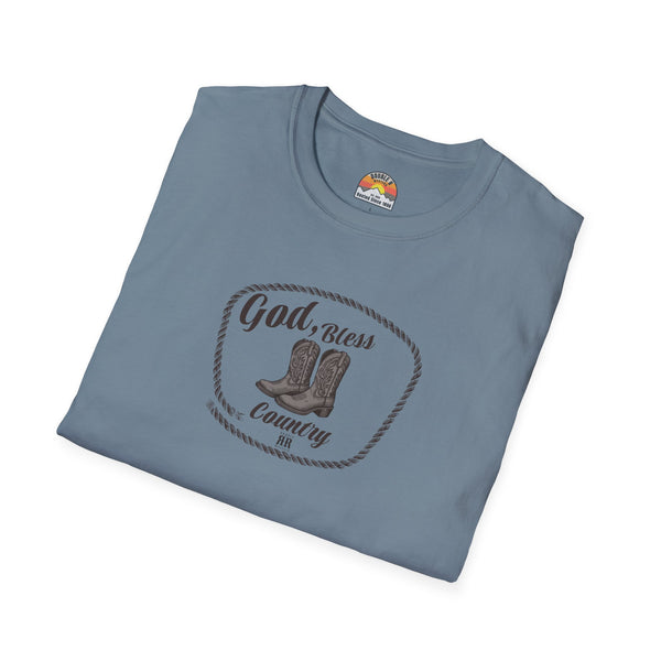 Blue crewneck T-shirt showing “God Bless Country” with cowboy boots inside oval print