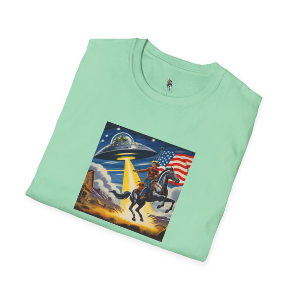 Mint green T-shirt with cosmic cowboy graphic, UFO and American flag on front