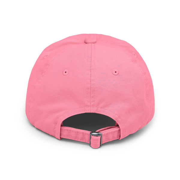 True pink distressed dad hat, back view with adjustable fabric strap