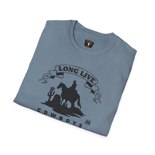 Light blue short-sleeve western graphic T-shirt with cowboy rider and text print