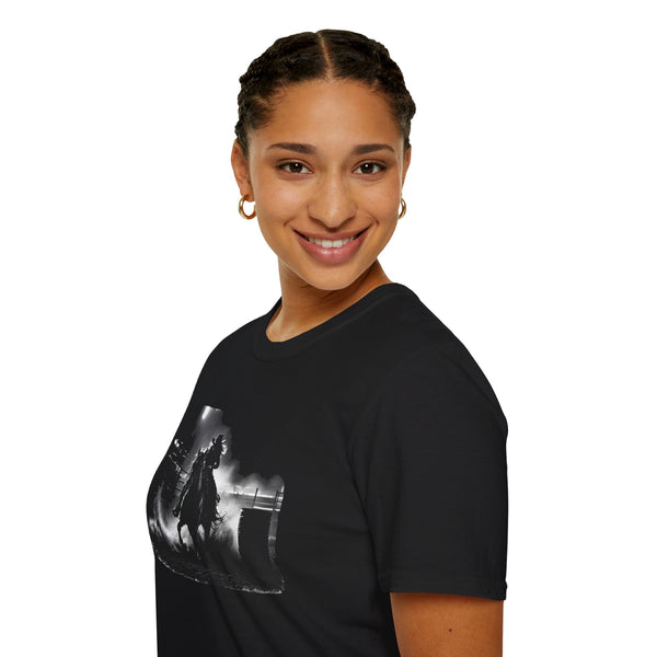 Black barrel racing graphic tee, cowboy-on-horse print visible at left chest.
