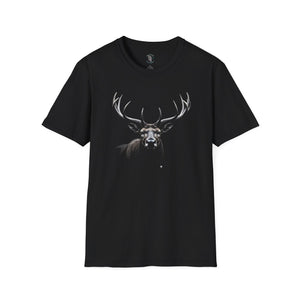 Black crewneck tee with centered monochrome deer head graphic