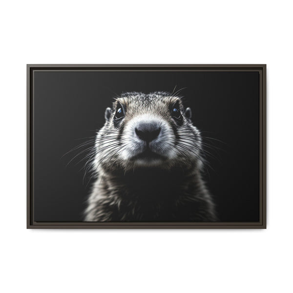 Framed western canvas art of a black-and-white prairie dog portrait, dark frame