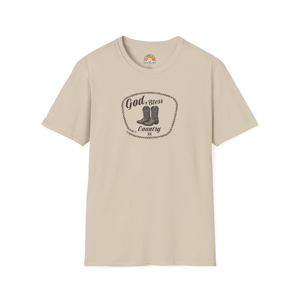 Sand-colored western T-shirt with oval cowboy boot graphic and crew neckline