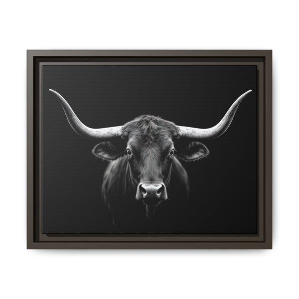 Framed western canvas art with monochrome bucking bull head, dark brown frame