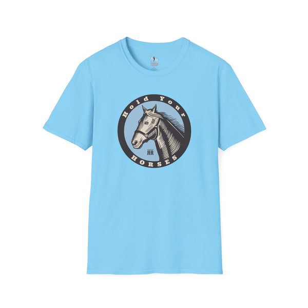Sky blue women’s western T-shirt with round horse emblem graphic on the front