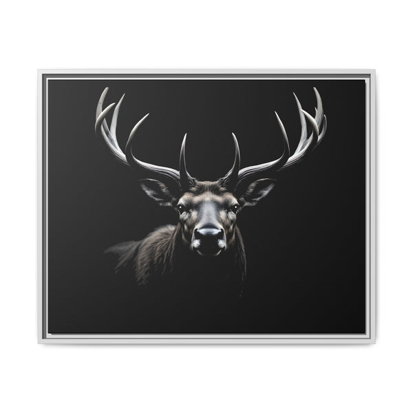 Framed western canvas art with monochrome elk head and antlers, black frame