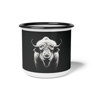 Black enamel camp mug with white buffalo graphic and black rim, white base and handle