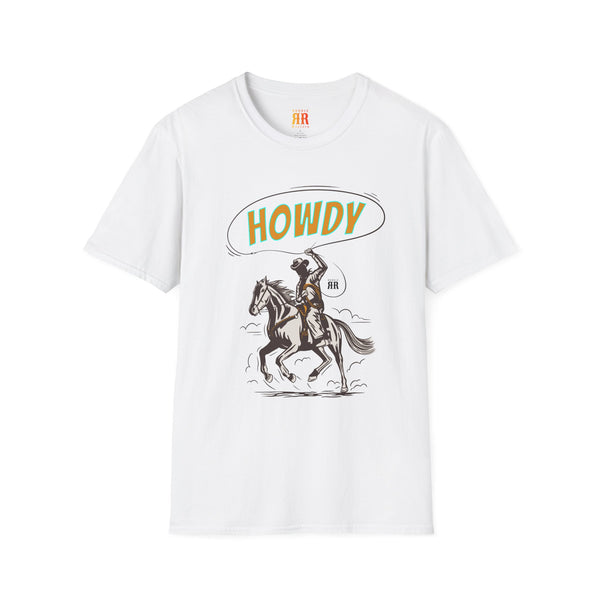 White cowboy graphic T-shirt with Howdy and rider on horse print.