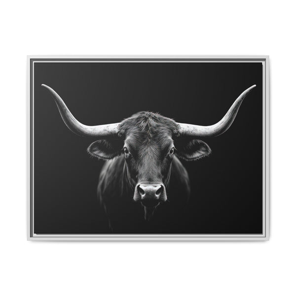 Framed western canvas art of a grayscale bull head with long horns, light silver frame