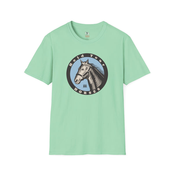 Mint green women’s western T-shirt with round horse emblem graphic on the front