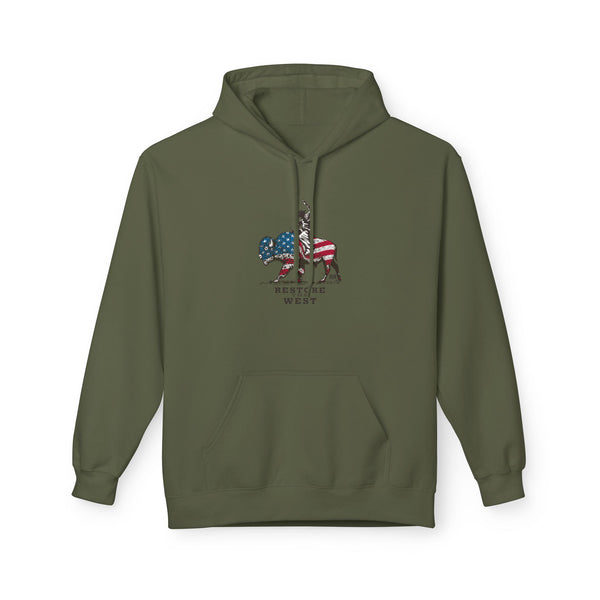 Military green western wear hoodie with front pocket and hood, small chest logo