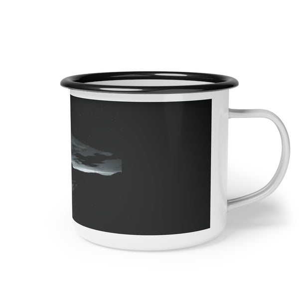 Black enamel camp mug with black rim, landscape and clouds graphic, white handle