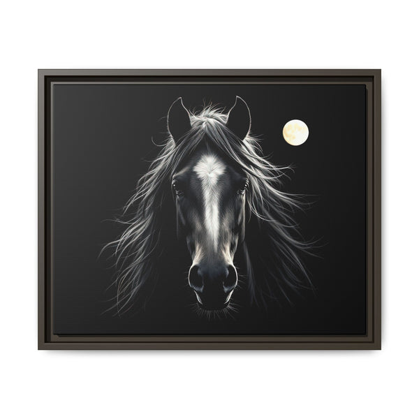 Framed canvas art of a black-and-white horse head with moon, dark frame