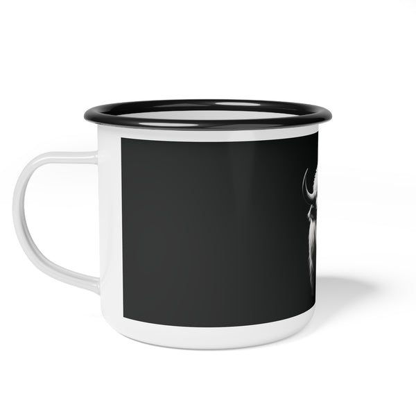 Black enamel camp mug with partial white buffalo graphic, black rim, white handle and base
