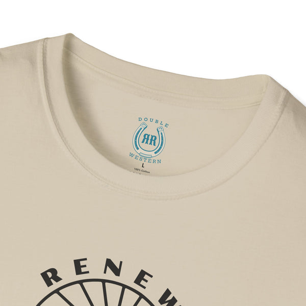 Beige crew neck T-shirt neckline with small logo label patch