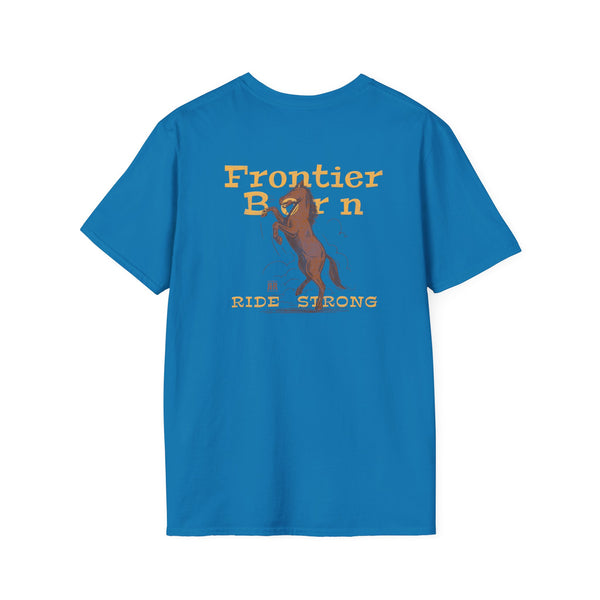 Blue western graphic T-shirt with horse and “Ride Strong” text on front