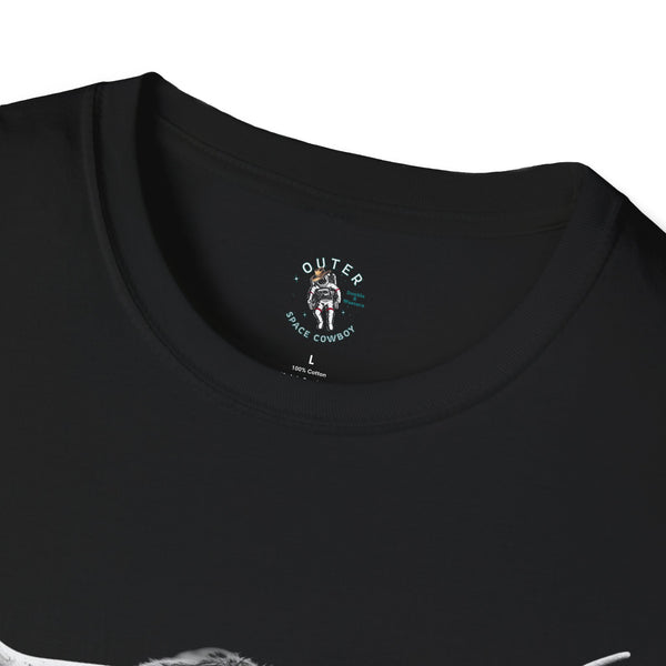 Black T-shirt neckline with Outer Space Cowboy logo patch