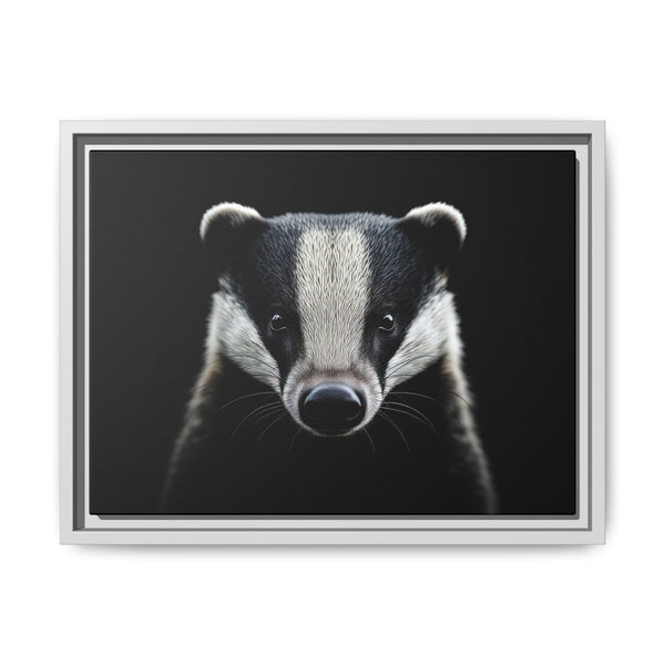 Framed western canvas wall art of a badger face, light gray frame