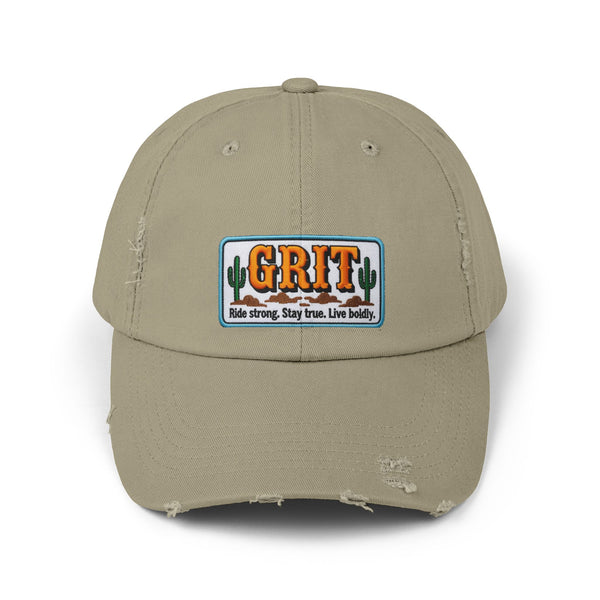 Light olive distressed baseball cap with front cactus patch logo.
