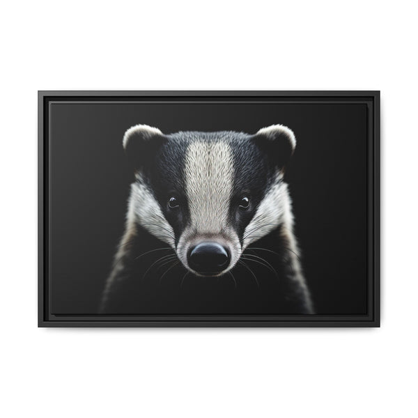 Framed canvas wall art featuring a badger face, black frame.