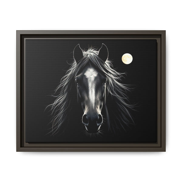 Dark brown framed canvas art: monochrome horse portrait with bright moon