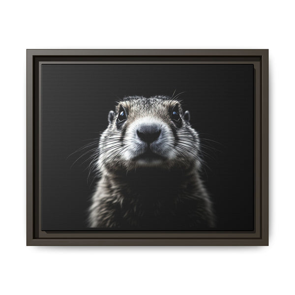 Framed canvas wall art with prairie dog close-up portrait, espresso-brown frame, dark background.