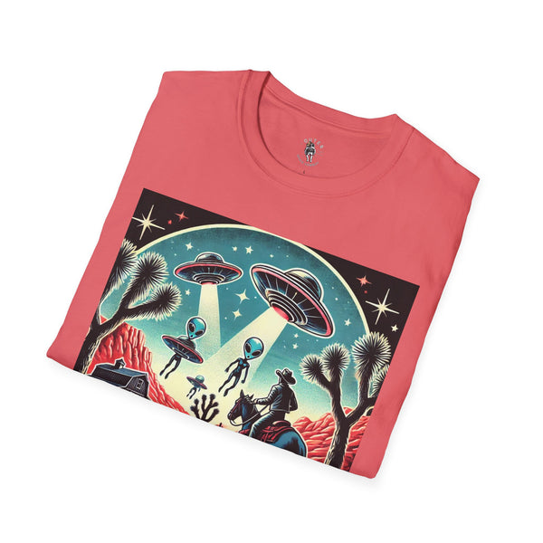 Coral pink western t-shirt with large desert space graphic