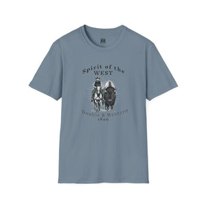 Stone blue graphic tee with crew neck and western horse and rider print