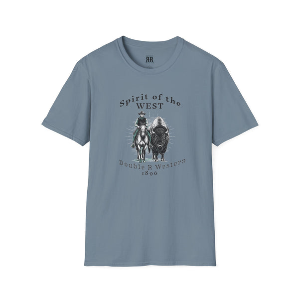 Spirit of the West Western Wear Graphic T-Shirt in Stone Blue, front view