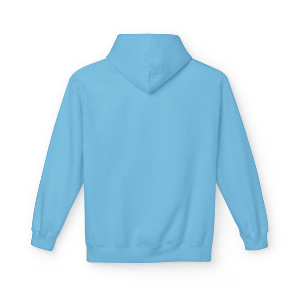 Sky blue pullover hoodie back view with hood and long sleeves