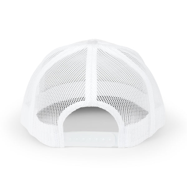 White mesh trucker hat with curved brim and snapback closure at back opening