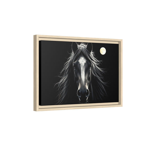 Framed western canvas art featuring a black horse front portrait with a moon in back