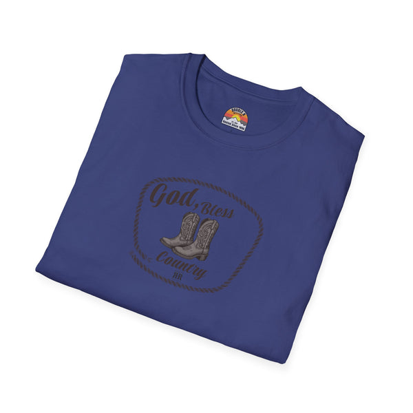 Dark blue T-shirt with oval “God Bless Country” cowboy boot graphic at center chest