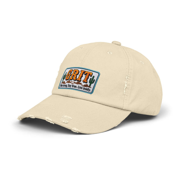 Stone distressed baseball cap with cactus patch and curved brim, western logo front