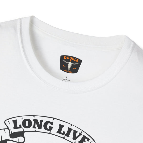 White crew-neck T-shirt with Double Western neck label and partial Long Live print