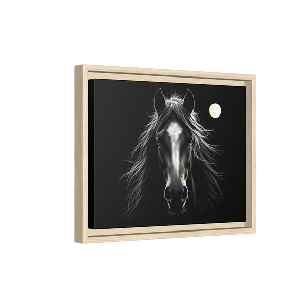 Framed western canvas art with a centered black horse face, white mane, and moon