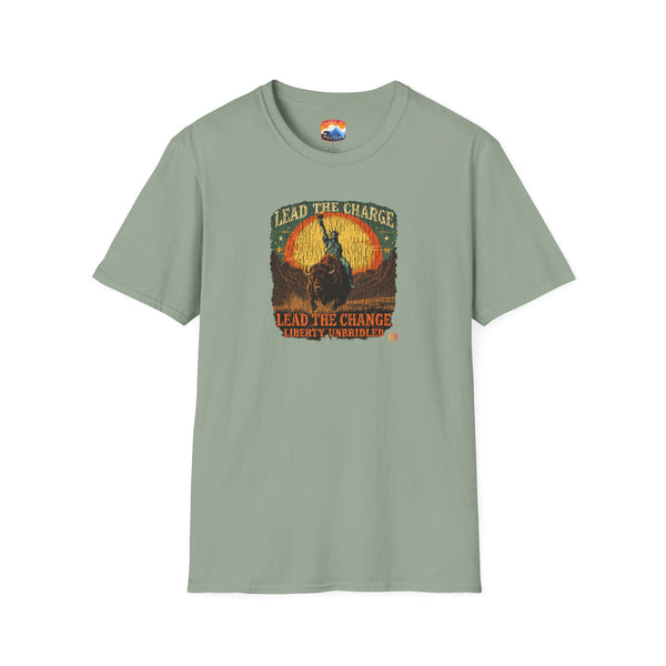 Light sage green graphic T-shirt with bison and patriotic text on the front