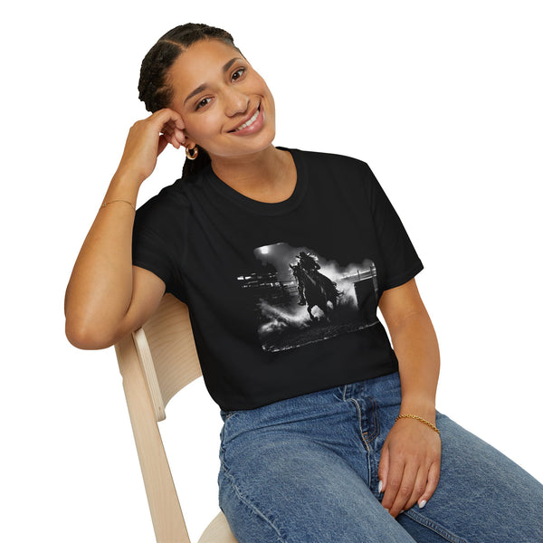 Black barrel racing tee on model, cowboy on horse graphic centered on chest.
