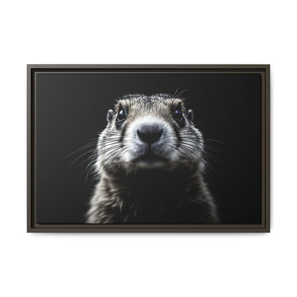 Framed canvas wall art with prairie dog portrait, dark brown frame, full view