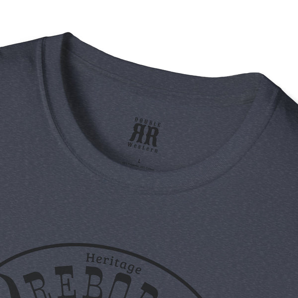 Dark heather comfort tee with REBORN Western neck logo detail