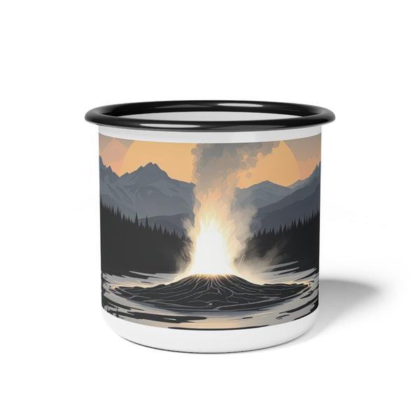 Enamel camp mug with dark landscape scene and black rim