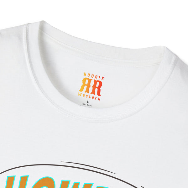 Close-up view of the collar label on the Howdy Cowboy western graphic tee by Double R Western.