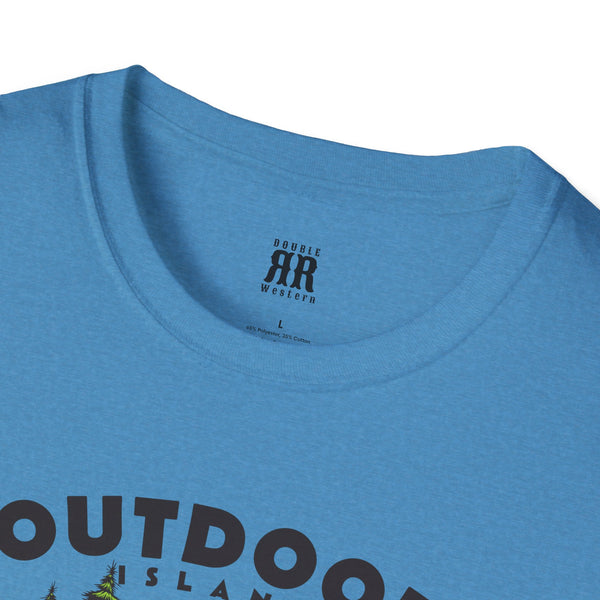 Blue T-shirt with crew neckline and small RR Western logo at the collar