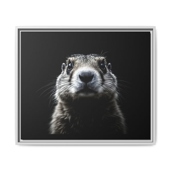 Framed canvas wall art with prairie dog portrait, white frame, front view