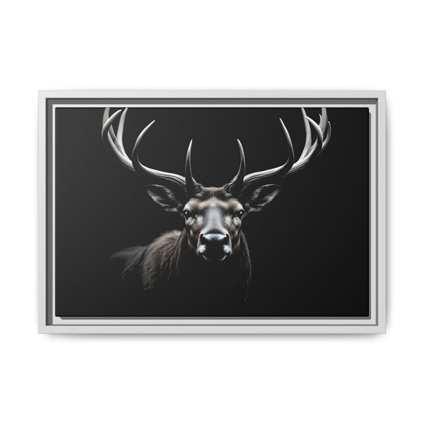 Framed western canvas art with monochrome elk head and antlers, light silver frame