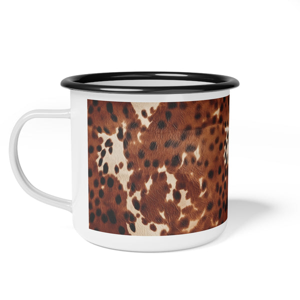 Enamel camp mug with black rim, brown cowhide pattern and white side handle