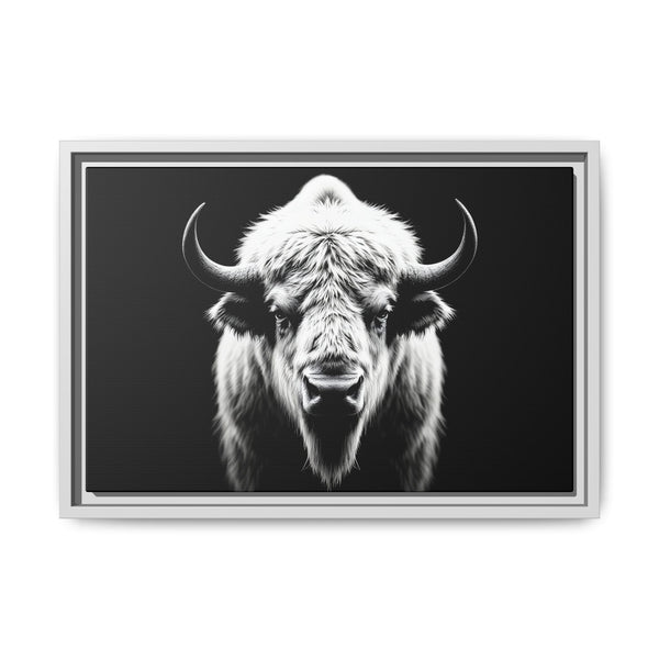 Framed bison portrait wall art with white-and-black fur, light silver frame