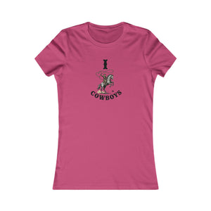 Berry pink crew-neck graphic tee with cowboy rider and 'cowboys' print